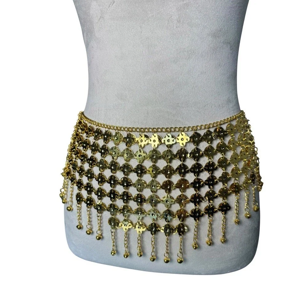 intage Y2K Indian Coin Fringe Belly Dance Belt Gold Tone Chainmail Festival